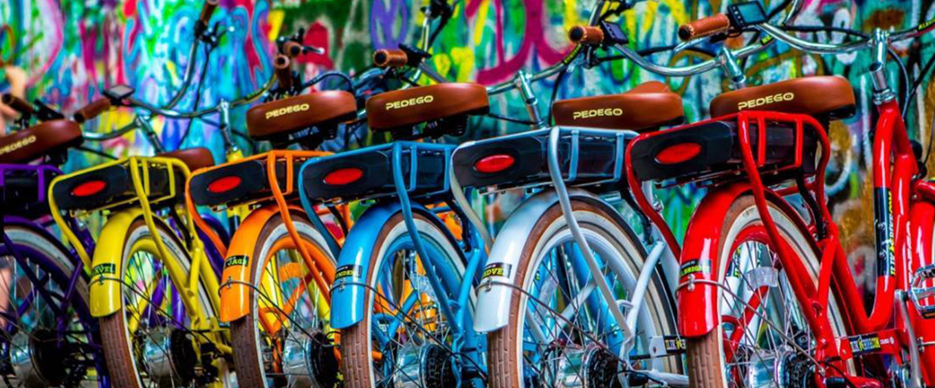 colorful bikes on a rack